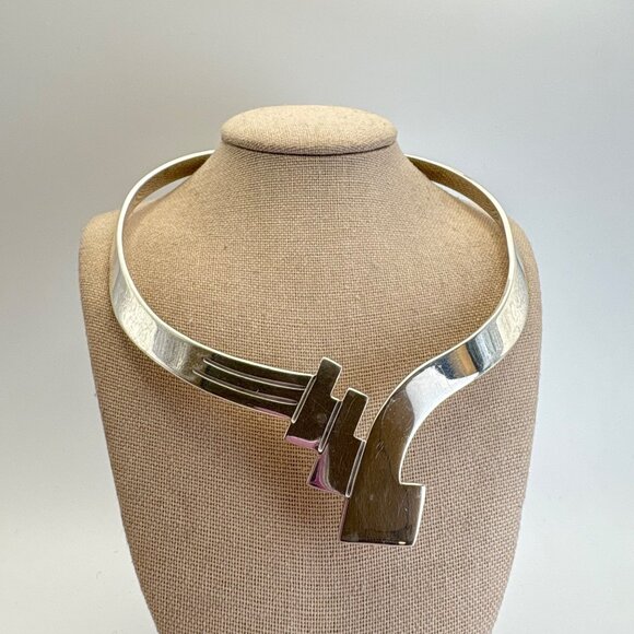 VTG Sterling Silver 925 Geometric Art Deco Stiff Collar Necklace 16" Fit - Picture 5 of 16